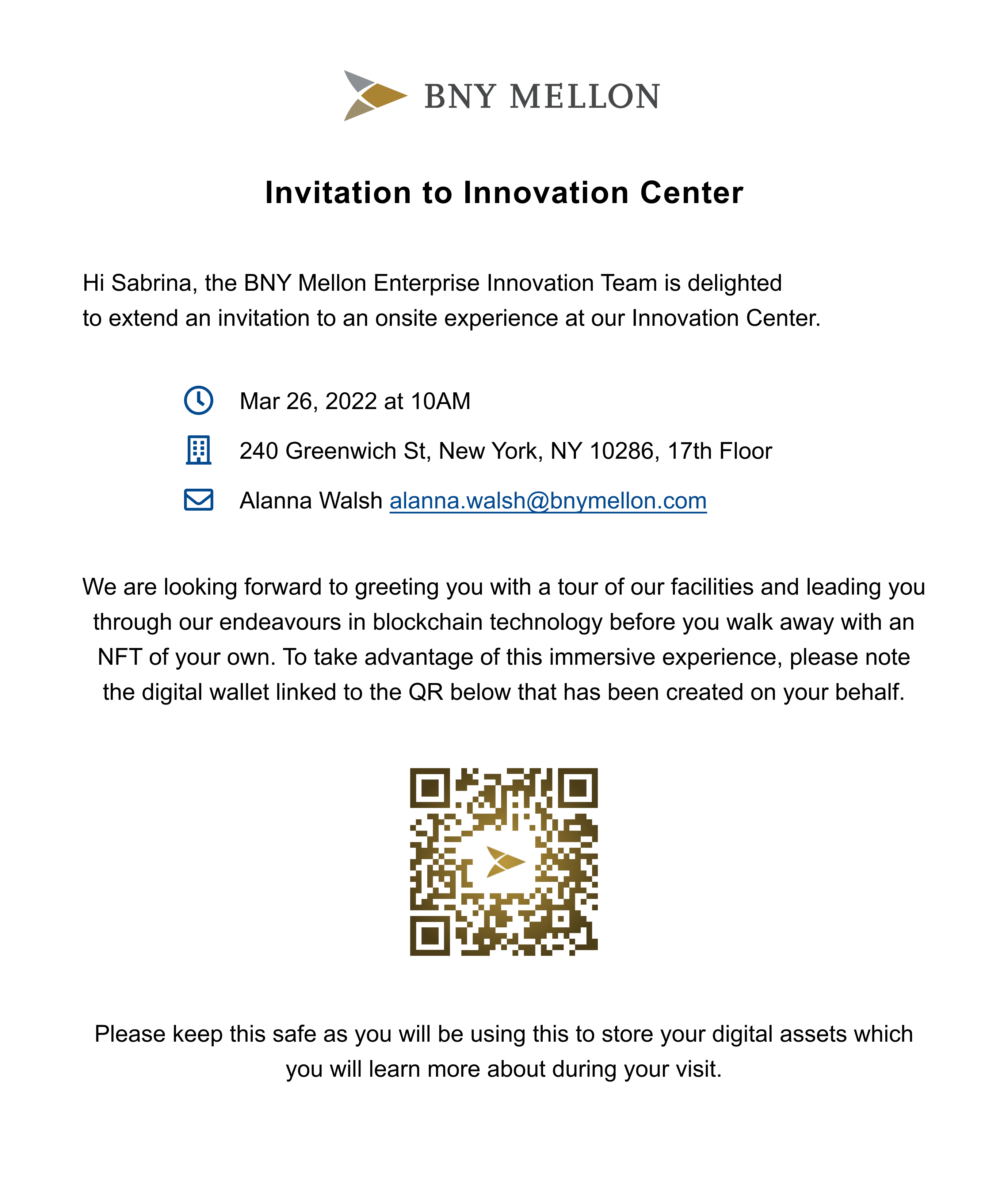 BNY Mellon rich email Invite with QR Code