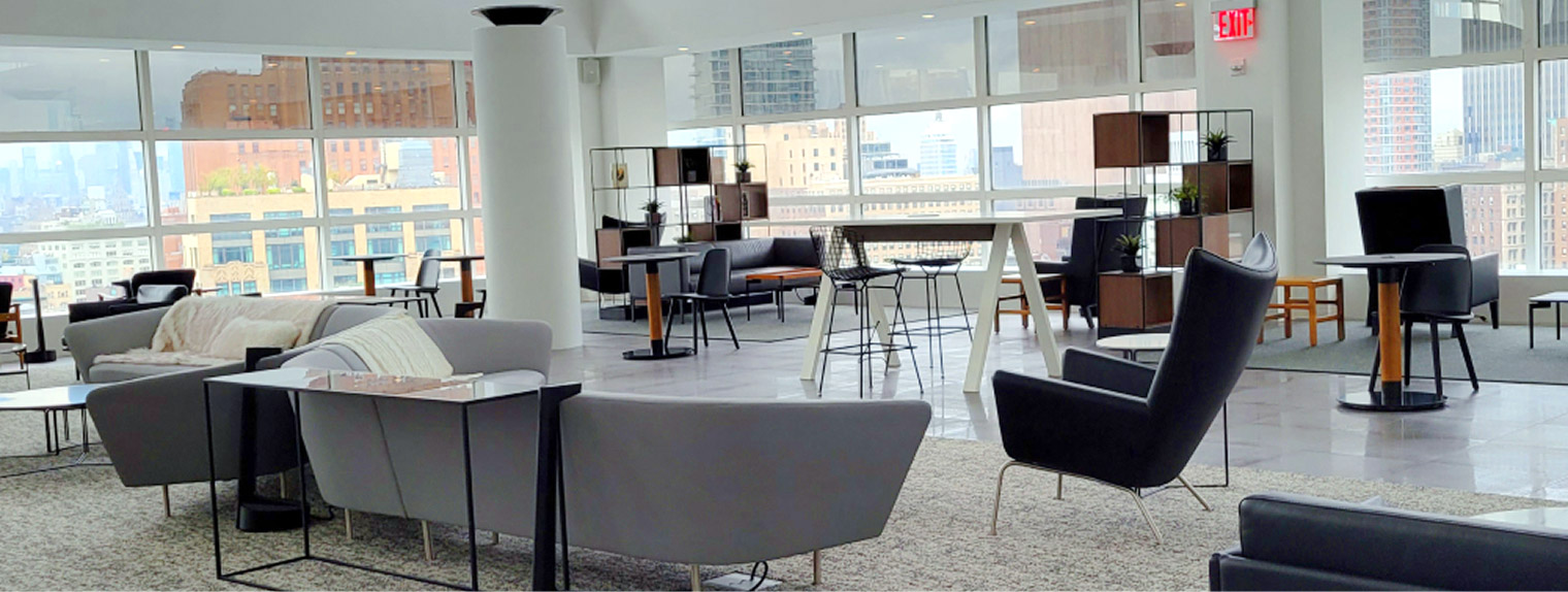 Panoramic view of BNY Mellon Innovation Lab client experience screens