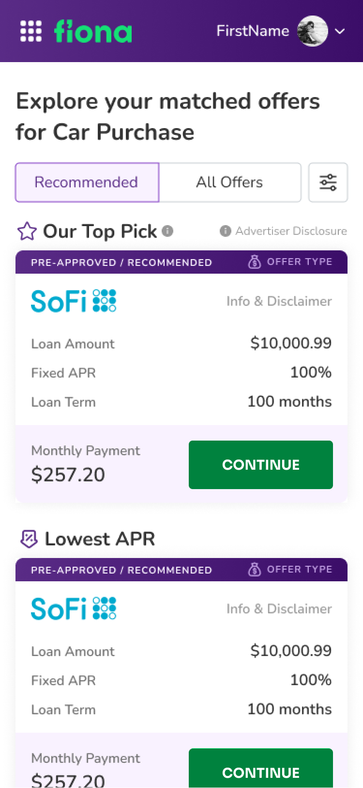 Mobile screen 1 of Fiona financial services product screens