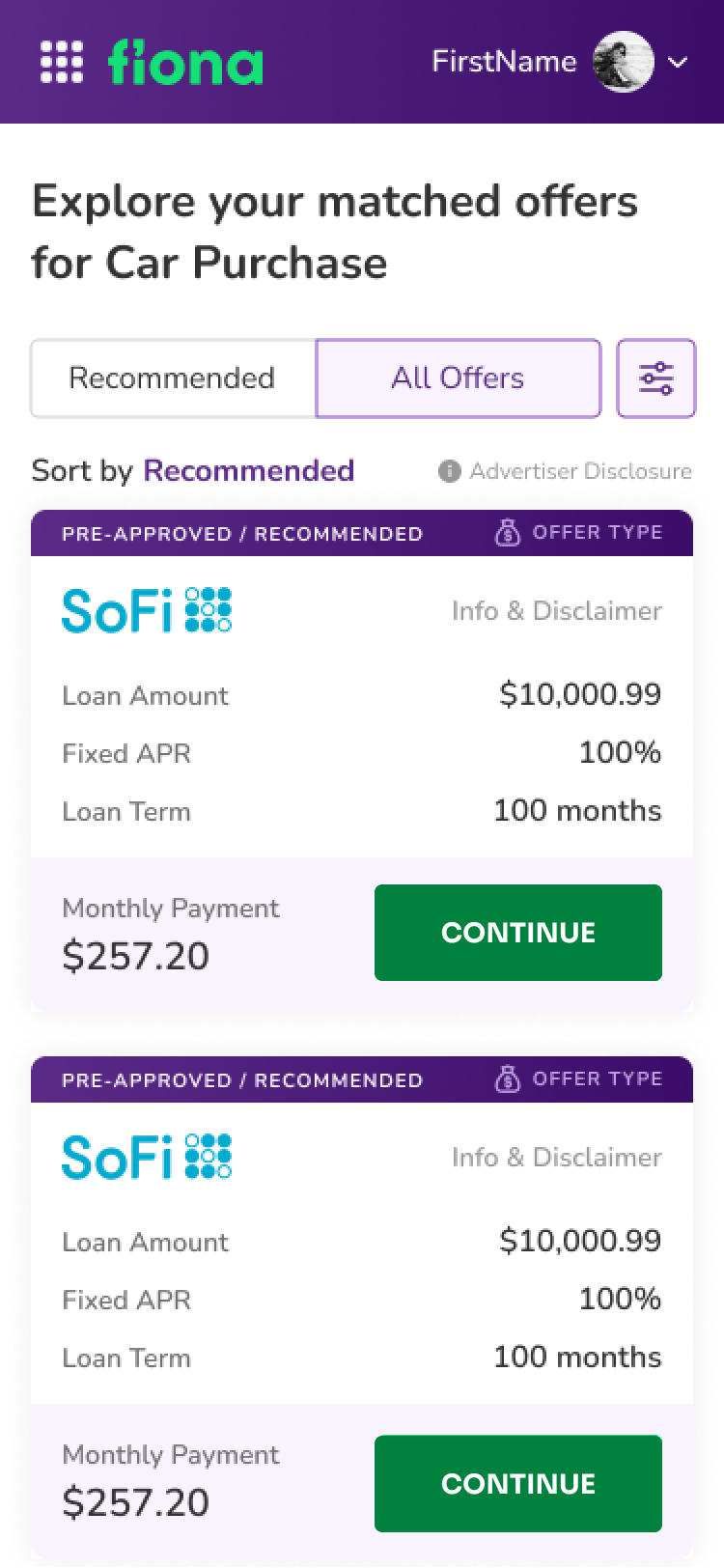 Mobile screen 2 of Fiona financial services product screens