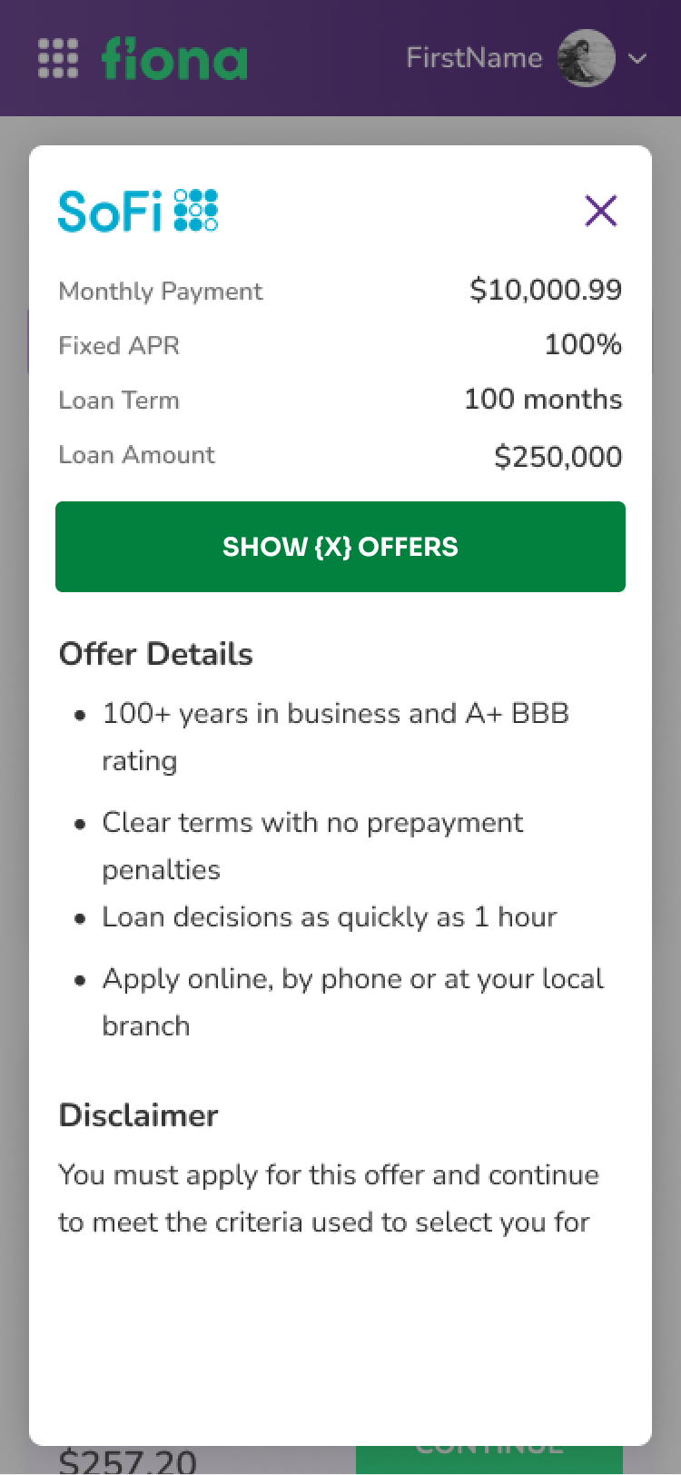 Mobile screen 4 of Fiona financial services product screens